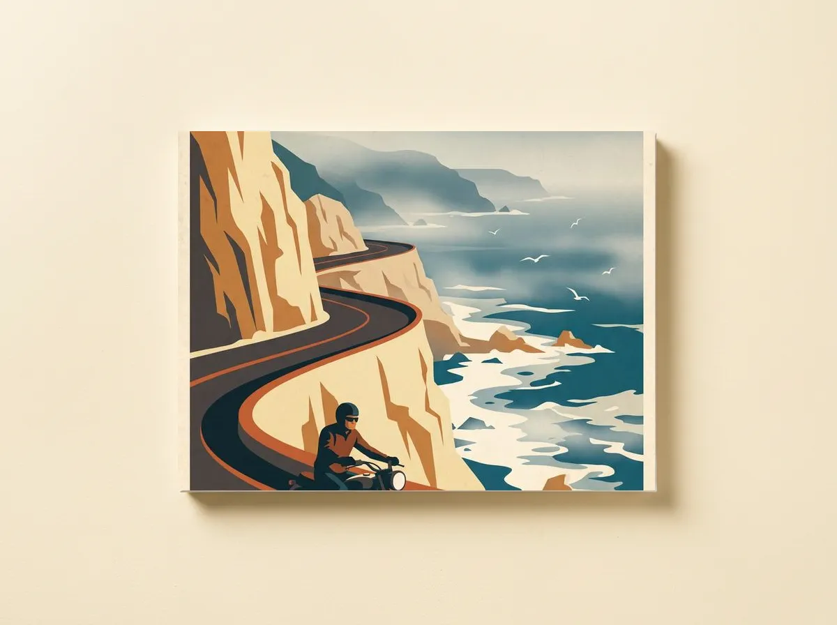 North Coast 500 on a canvas, the hazy coastline and gulls above the road clinging to the cliff.