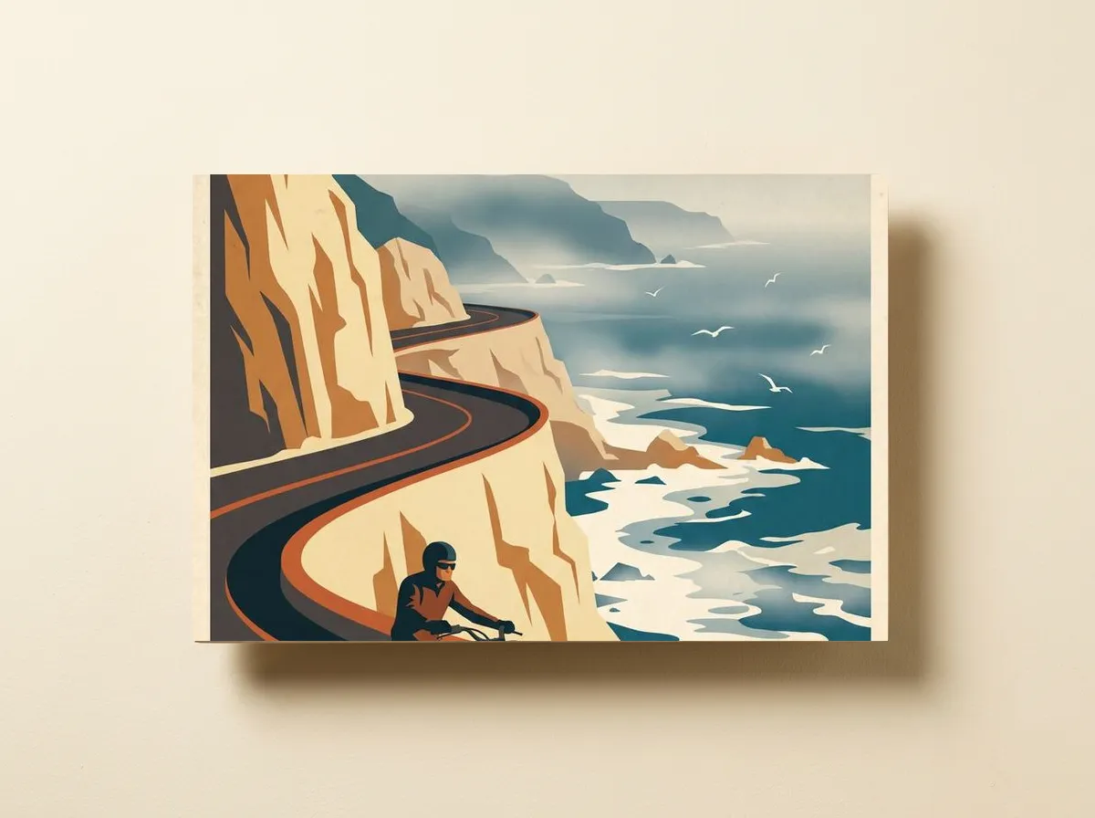 North Coast 500 on a wood print, cropped wide to the ochre cliffs, the curving road and the sea, the rider at the bottom edge.