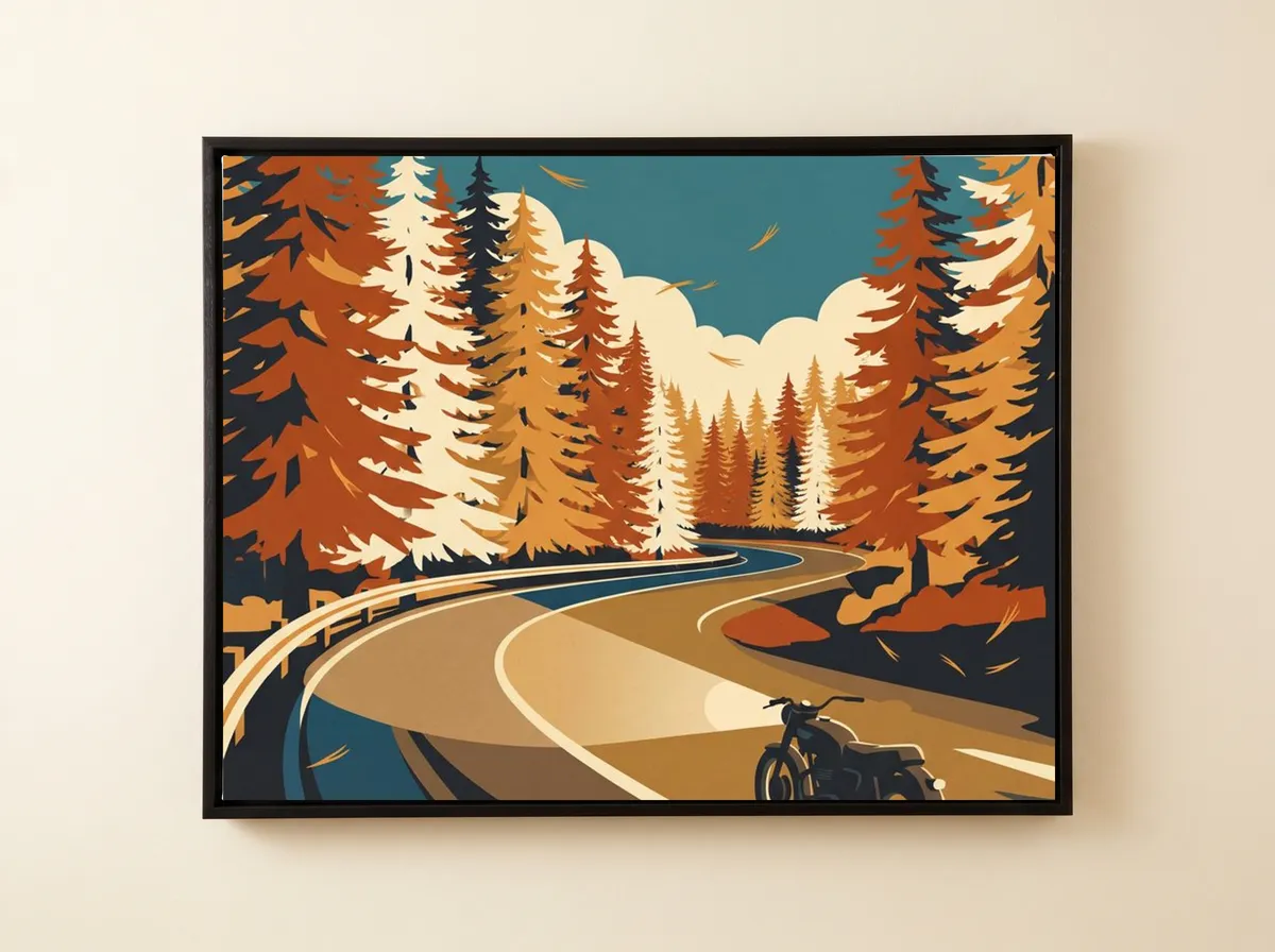 Snake Pass on a black framed canvas, cropped wide to the autumn trees, the crash barrier and the bend.