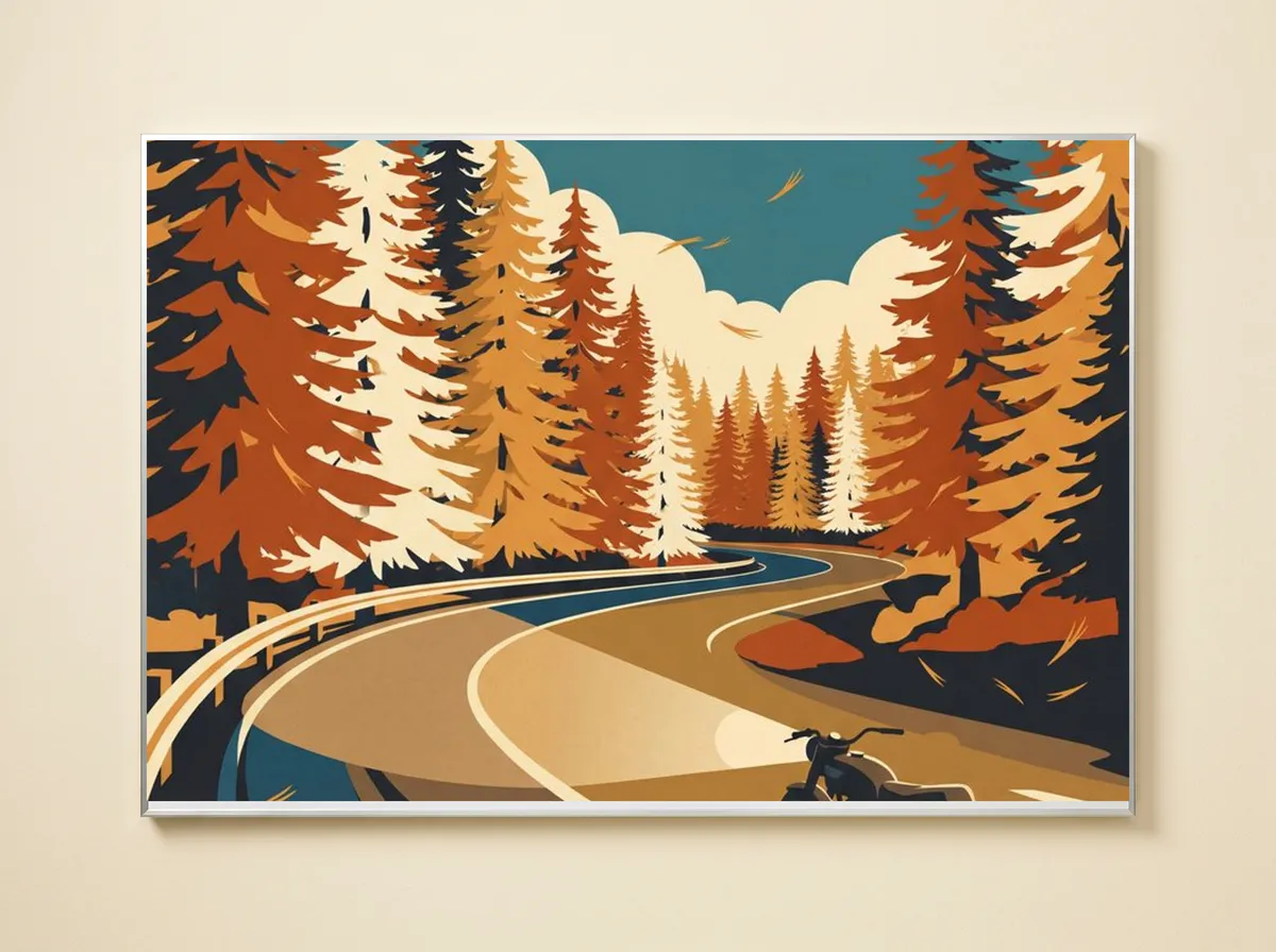 Snake Pass on a metal print: rust and gold conifers under a teal sky, the bike at the bottom edge.