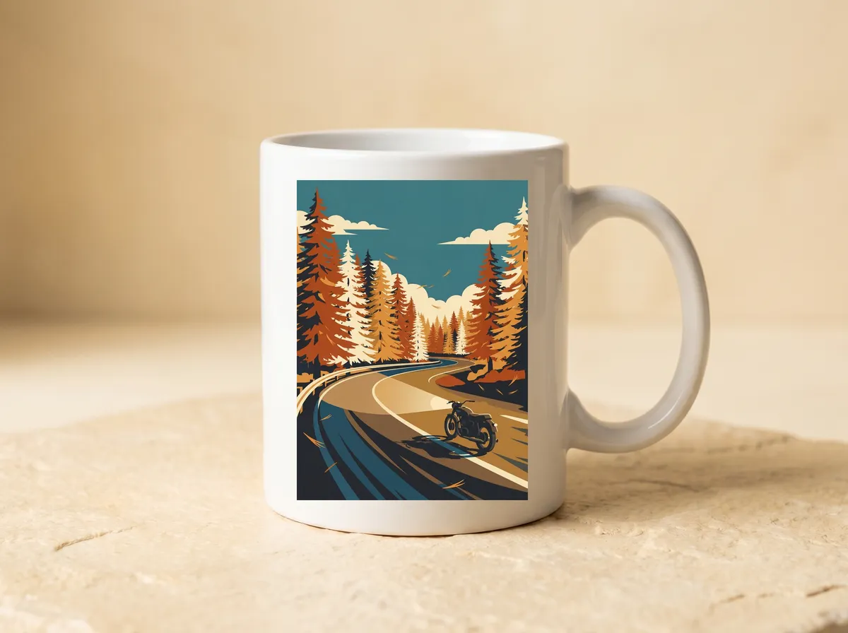 Snake Pass printed on a white mug, copper conifers either side of a curving road with a motorbike on it.