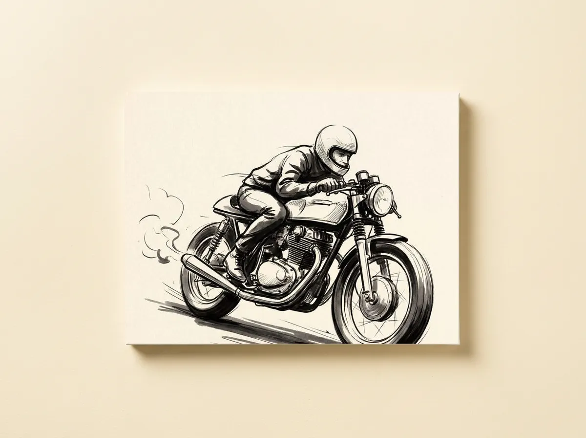 The Ton on a canvas: an ink drawing of a crouched rider on a cafe racer, exhaust smoke behind.