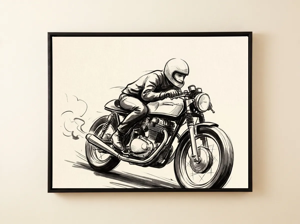 The Ton on a black framed canvas, the leaning bike and rider in black ink on cream.