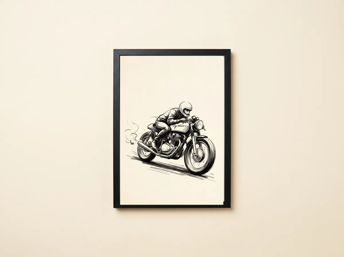The Ton in a black frame, the small ink racer centred on plain cream paper.