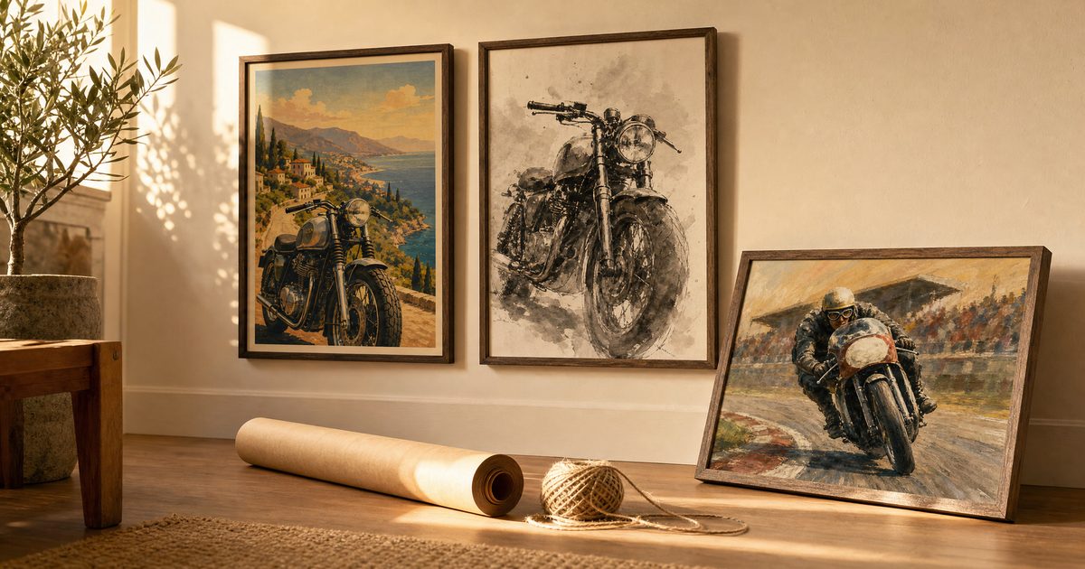 Original motorcycle art framed on a wall - motorbike gift ideas
